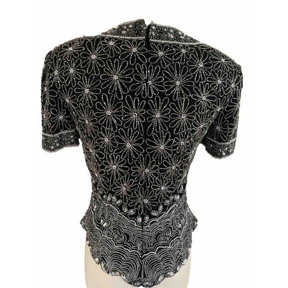 Papell Boutique Evening, Silk‎ Floral Beaded Black Blouse Size S Mint - Picture 3 of 10
